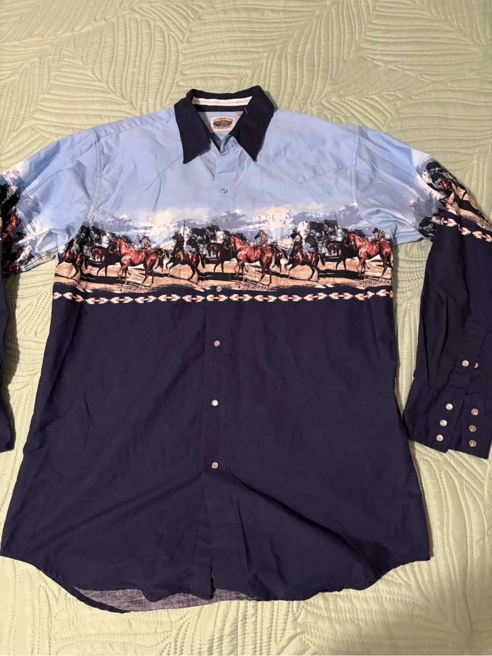 VTG Cumberland Outfitters Western Wear Pearl Button Snap Sz L Blue Navy Horses